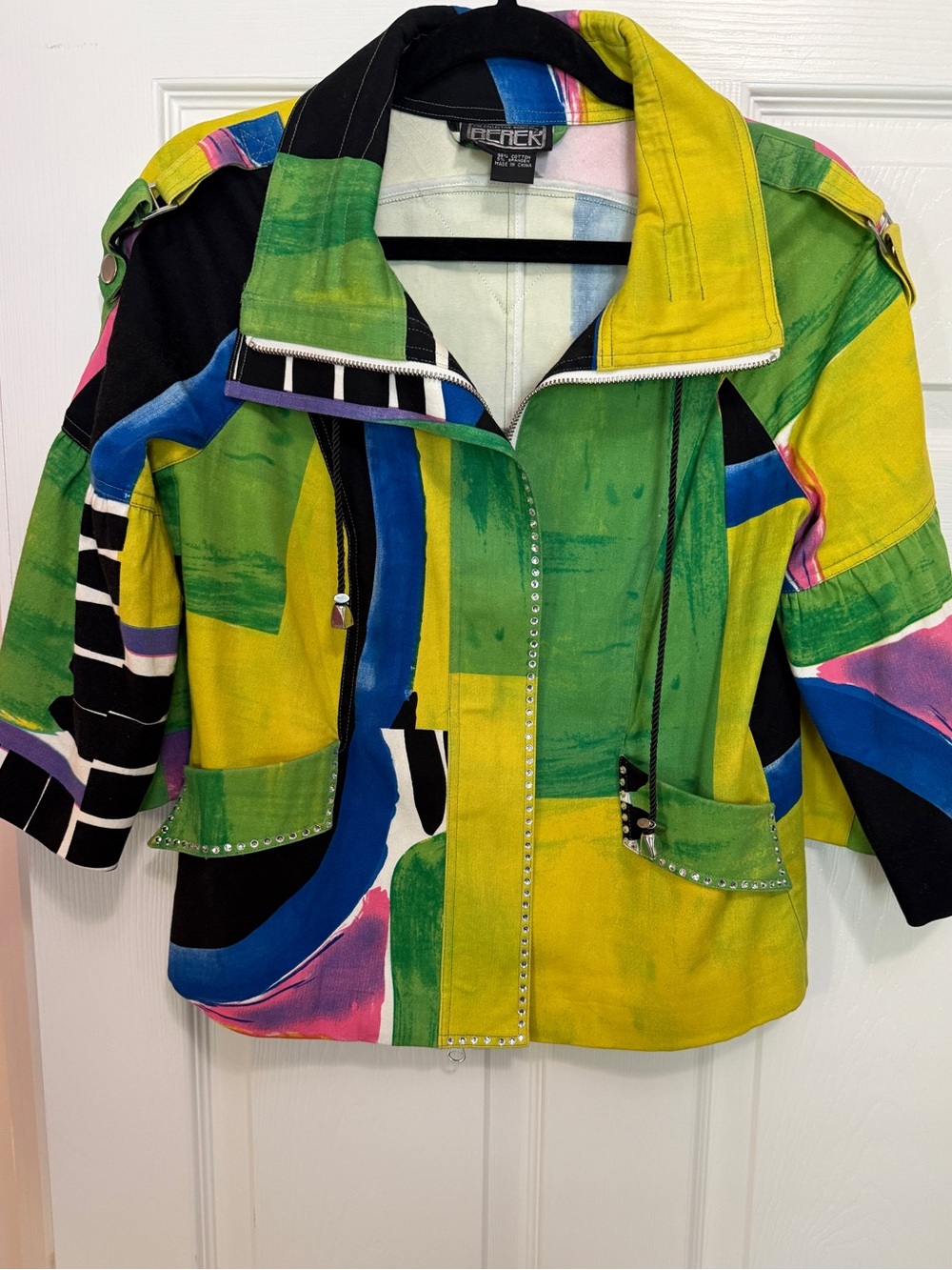 Derek Colorblock Rhinestone Zip Jacket Size S Green Yellow Blue Pink